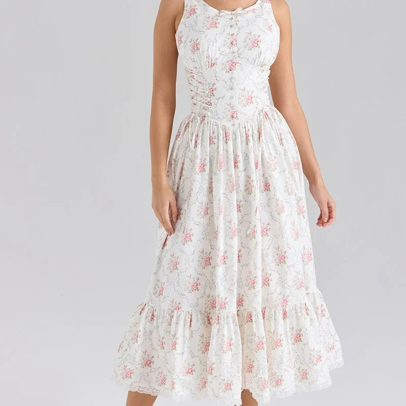 Women Bow O Neck Sleeveless Floral Print Boho Dresses Front Lace Up A-line Midi Summer Dress Chic Lady Holiday Party Robe