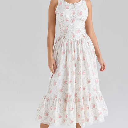 Women Bow O Neck Sleeveless Floral Print Boho Dresses Front Lace Up A-line Midi Summer Dress Chic Lady Holiday Party Robe