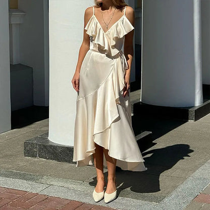 Chic Female Strap Draped Long Dress 2024 Elegant Ruffle Split Swing Party Dress Women New Solid Lace-up French Style Dresses