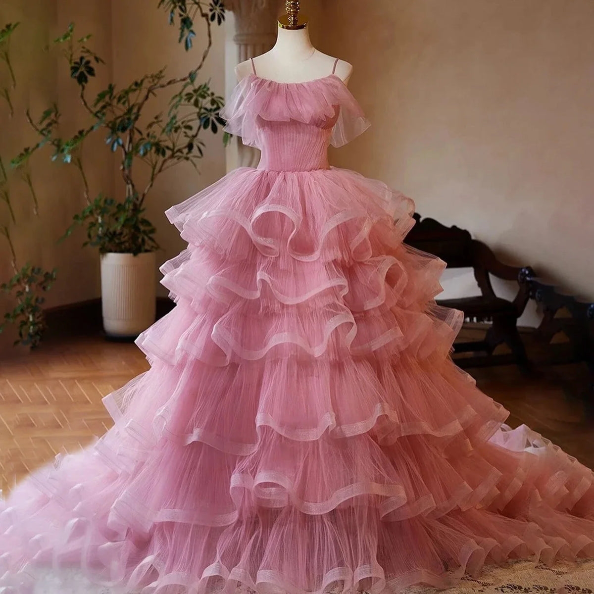 Elegant Blush Pink A Line Ruffles Tulle Ball Gowns New Vestidos SweetTier Upon Tier Dress Fluffy Tiered Ruffled Robe
