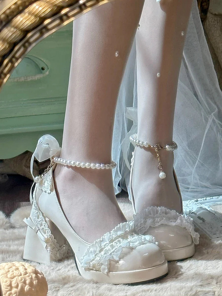 Original French Lace Pearl Lolita Shoes Autumn Fairy Round Head Thick Heels Japanese Girls' Tea Party Single Shoes