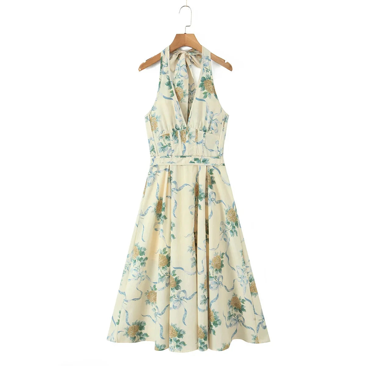 Sexy Deep V Halter Floral Print Dress Women Sleeveless Summer A-line Midi Long Dress Holiday Robe Backless Vestidos