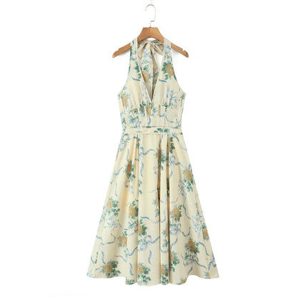 Sexy Deep V Halter Floral Print Dress Women Sleeveless Summer A-line Midi Long Dress Holiday Robe Backless Vestidos