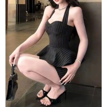 Large Size Slightly Fat Mm Sexy Neck Retro Striped Splicing Fake Two-piece Dress Women's Summer Pure Desire Hip Skirt
