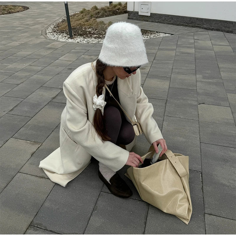 Elegant Solid Double Breasted Long Coat Women Chic Casual Loose Lapel Pad Shoulder Tweed Coats Lady Winter Retro Street Outwear