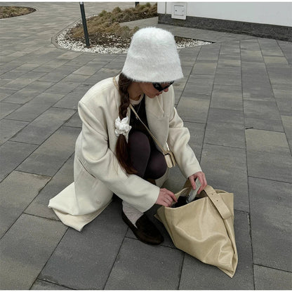 Elegant Solid Double Breasted Long Coat Women Chic Casual Loose Lapel Pad Shoulder Tweed Coats Lady Winter Retro Street Outwear
