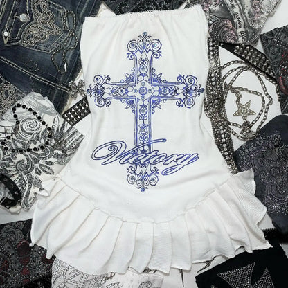 Y2K Dress Womens Gothic Retro Hip Hop Pattern Dress Slim Sleeveless Summer Sexy Fashion Slim Backless White Mini Dress