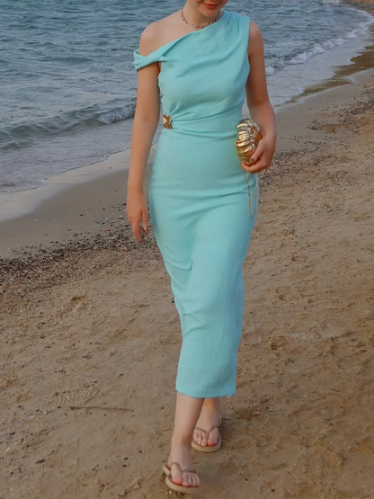 Women's summer sexy fashion long dress solid color sleeveless asymmetric dress female holiday style slit slim fit chic dress