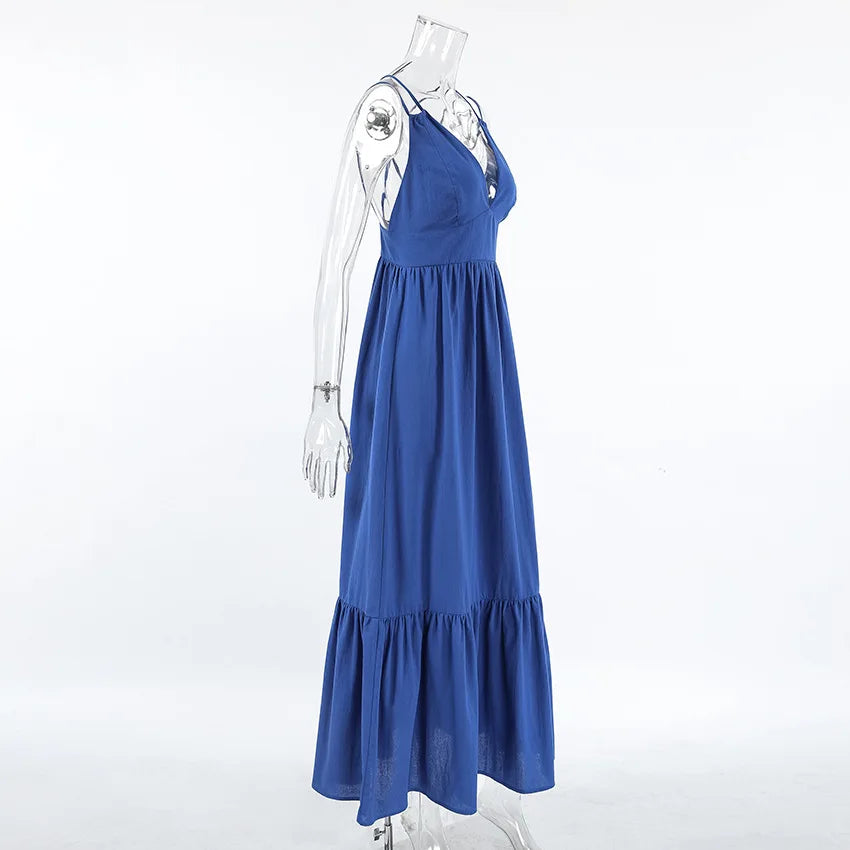V-Neck Backless Patchwork Long Dress Women Casual High Waist Bandage Sleeveless Solid Spring 2025 New Ladies Maxi Dress