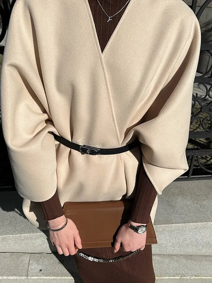 Elegant Women's Woolen Cloak Coats V-neck Lace-up Long Overcoats Loose Belt Autumn Jacket 2025 Buttonless Streetwear Outerwears