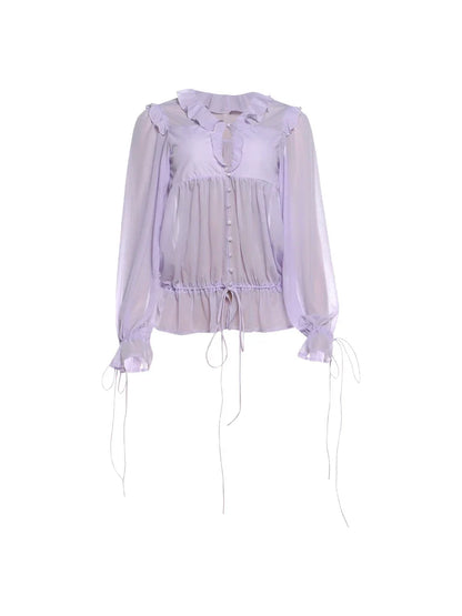 Puss Sexy Pleat Bandages Mesh T-Shirt Women Sexy Ruffled Patchwork Hollow Single-Breasted Trend Vacation Party Street Tess