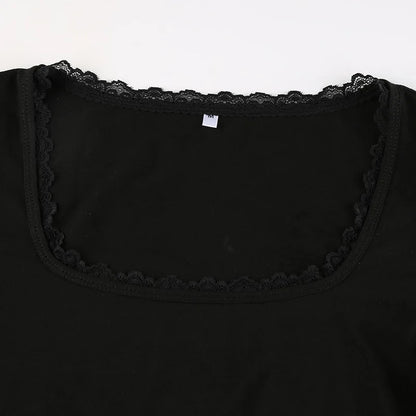Women Lace Trim Long Sleeve Slim Fits Tops y2k Clothes Basic Harajuku Tees 2000s Graphic T Shirt Vintage