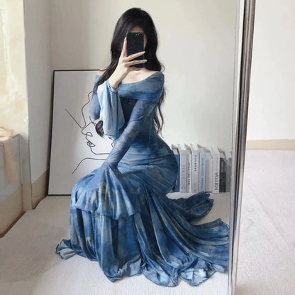 Large Size Fat Mm Charming Temperament Pure Sexy Hot Girl with One Shoulder Waist Slim Hips and Fish Tail Long Dresses