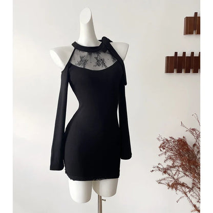 Women Black Gothic Bodycon Evening Dress Vintage Off Shoulder Long Sleeve Long Luxury Dresses Y2k One Piece Frocks 2000s Clothes