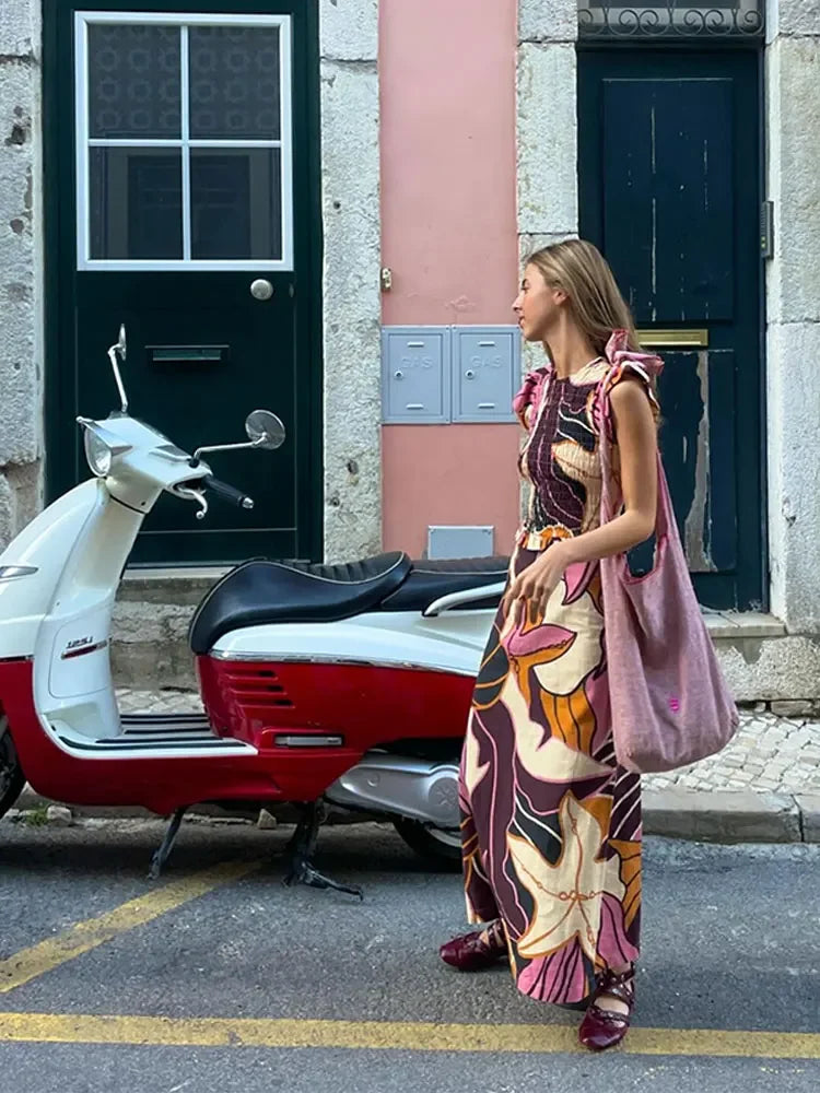 Summer Women's Printed Long Skirt Suit Casual O-neck Fly Sleeve Slim Pleated Tops Two-piece Set 2024 Lady Vacation Beach Outfits