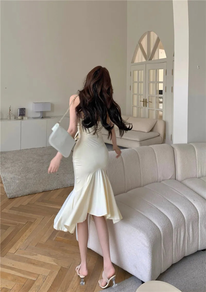 Summer Aesthetic Midi Dress Women Strapless Fishbone Bandage Irregular Dress Party Club Sexy Elegant Dresses Backless Solid
