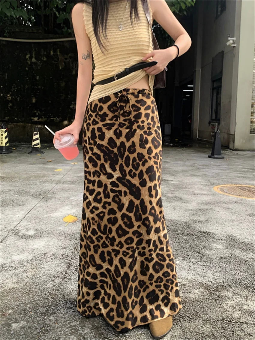 Retro Mopping Skirts Women Loose Slim New Leopard Chic Casual Elegant High Waist Office Lady Daily Streetwear