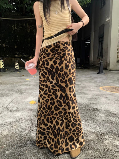 Retro Mopping Skirts Women Loose Slim New Leopard Chic Casual Elegant High Waist Office Lady Daily Streetwear