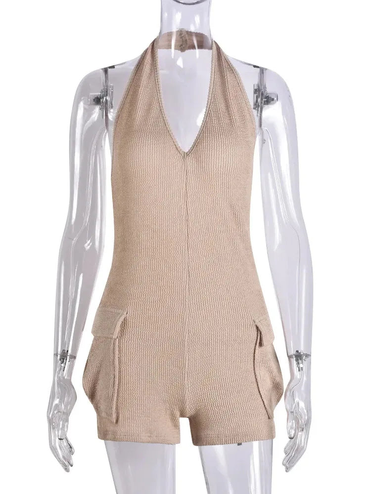 Casual Knitting Playsuit Sexy Halter Backless Rompers Basics Splice Pockets Hollow Vest Fall And Winter Women Streetwear