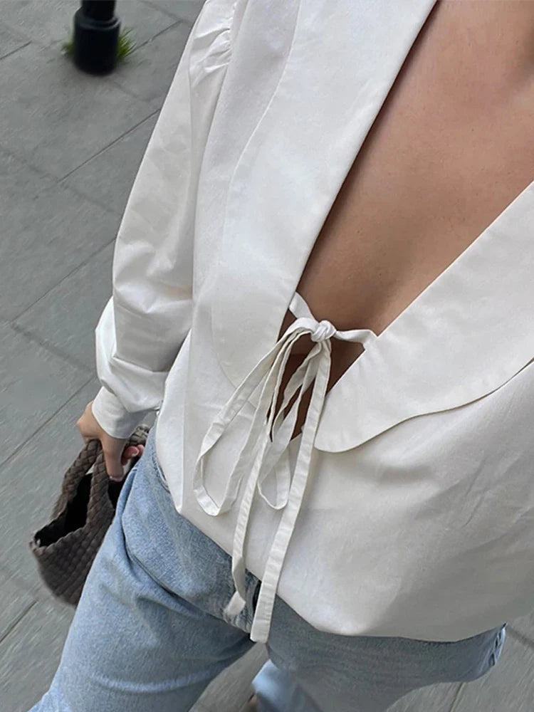 Sweet Bow Lace-up Women's Blouse Solid Loose Wavy Deep V-neck Puff Long Sleeve Tops 2024 Spring Summer Elegant Female Blouses