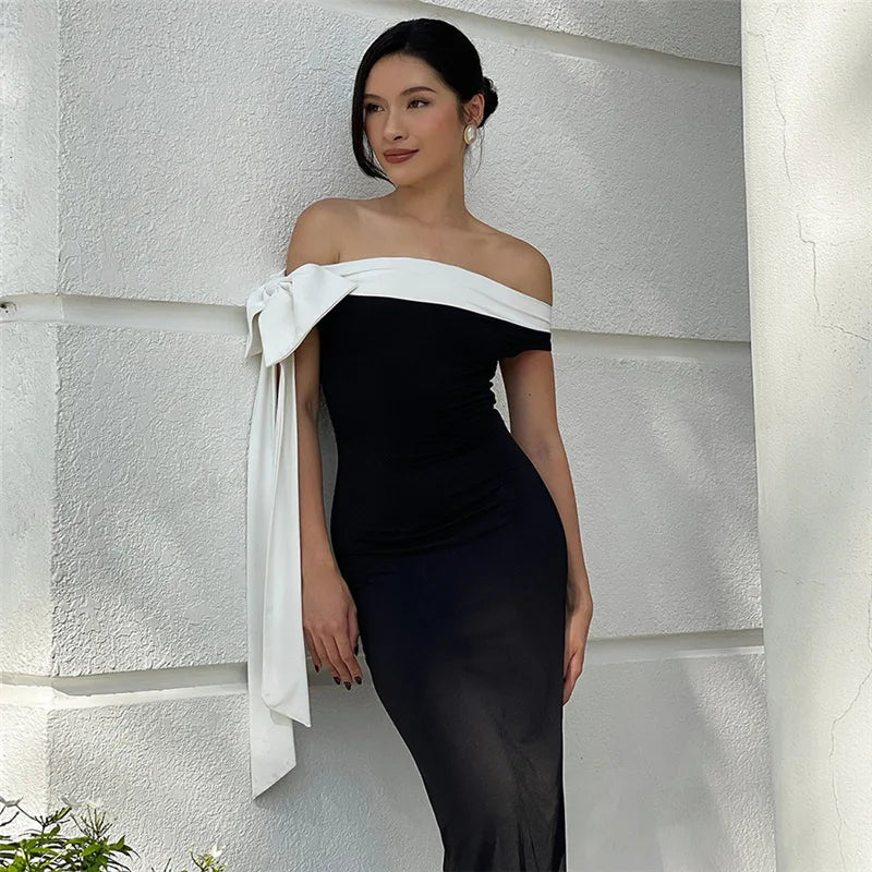 Off Shoulder Contrast Bow Shoulder Ribbon Bodycon Maxi Dress