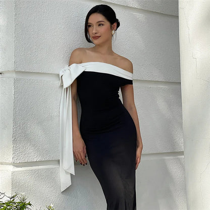 Off Shoulder Contrast Bow Shoulder Ribbon Bodycon Maxi Dress