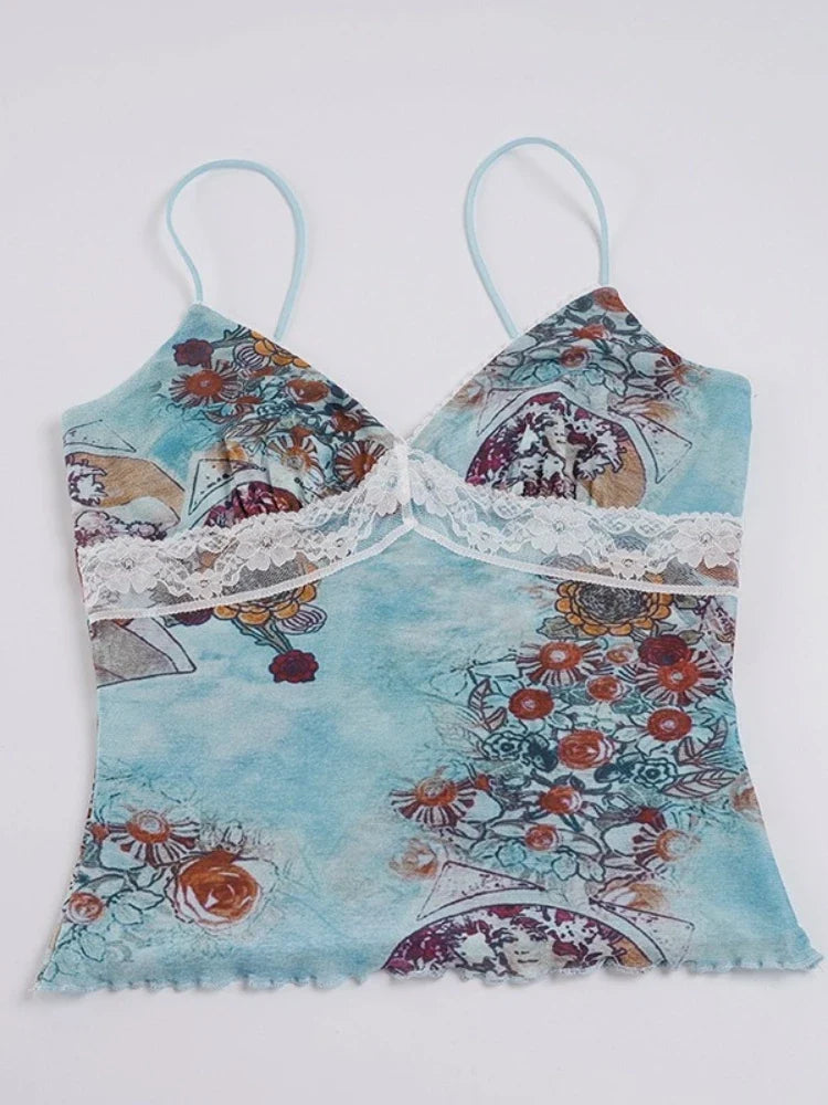 New Summer Women's Cami Sexy Floral Printed V Neck Lace Splicing Tank Slim Fit Casual Beach Holiday Sleeveless Top