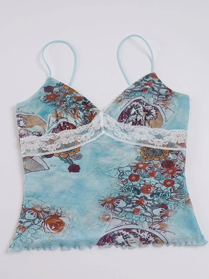 New Summer Women's Cami Sexy Floral Printed V Neck Lace Splicing Tank Slim Fit Casual Beach Holiday Sleeveless Top