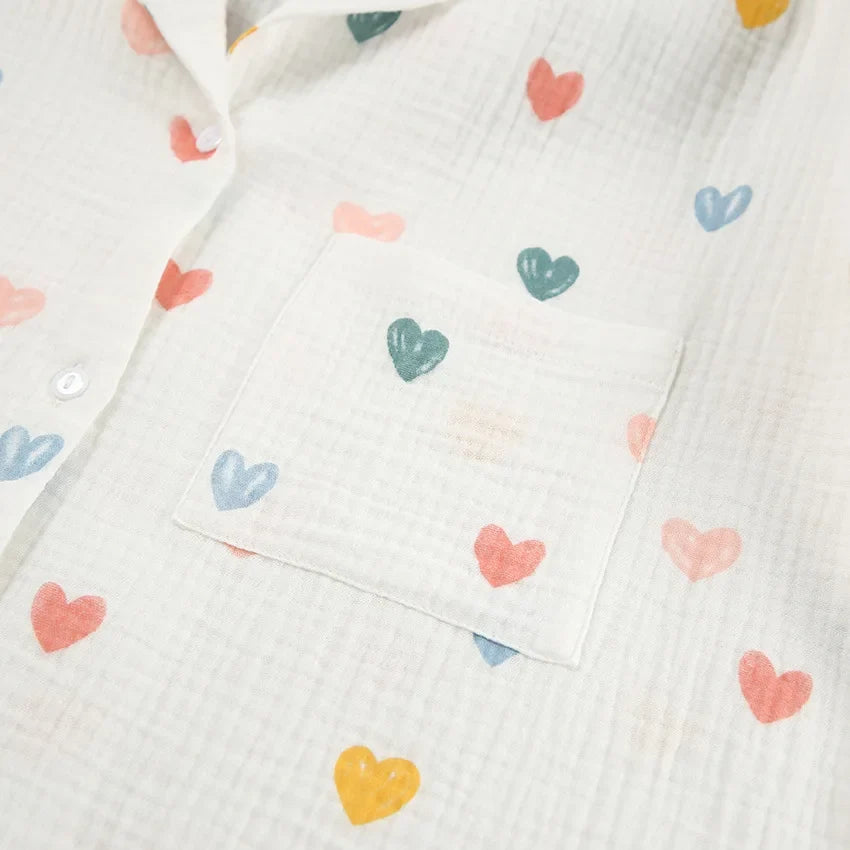Heart Print Lapel Short Sleeve Top + Shorts Pajamas Loose 100% Cotton Comfortable Women Sets Casual Homewear Sleepwear Outfits