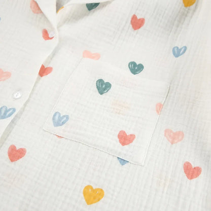 Heart Print Lapel Short Sleeve Top + Shorts Pajamas Loose 100% Cotton Comfortable Women Sets Casual Homewear Sleepwear Outfits