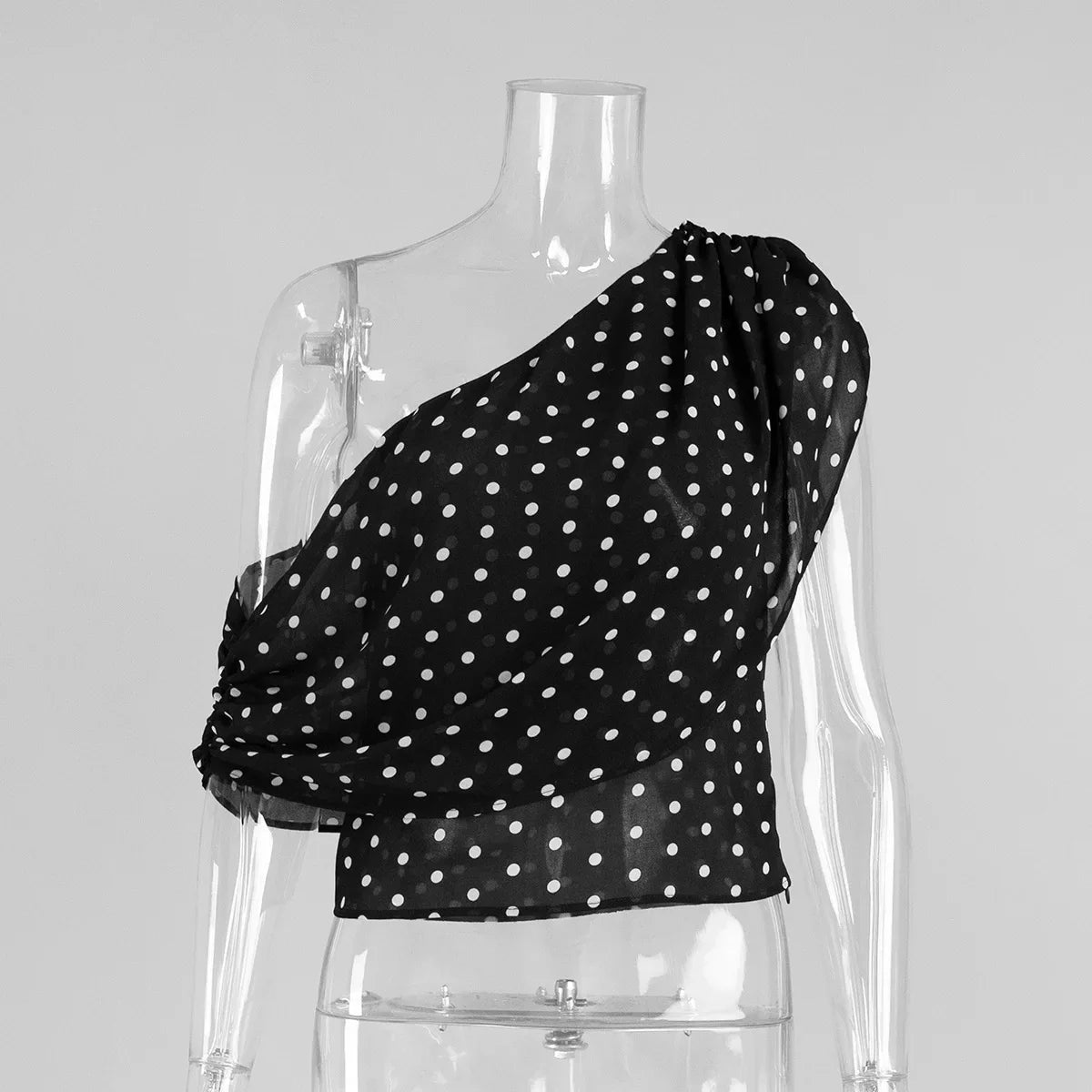 Black Polka Dot Sexy Asymmetric Blouse Women Sheer Mesh One Shoulder Draped Crop Top Women's Date Night Party Club Top