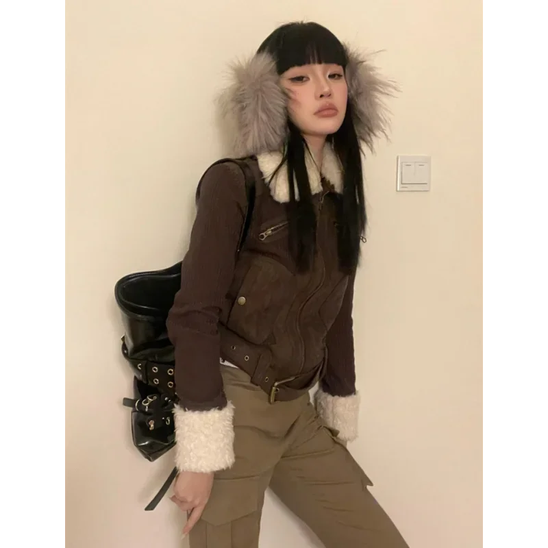 Japanese Y2k Fur Coat Women American Retro Brown Knitted Jacket Vintage Korean Style Zipper Winter 2000s Aesthetics