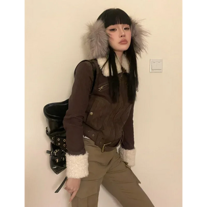 Japanese Y2k Fur Coat Women American Retro Brown Knitted Jacket Vintage Korean Style Zipper Winter 2000s Aesthetics