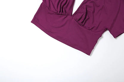 Chic Ruched Elegant 2 Piece Set Woman Trend V-Neck Backless Short Sleeve Crop Tops+Low Waist Mid Skirt Fashion Suit