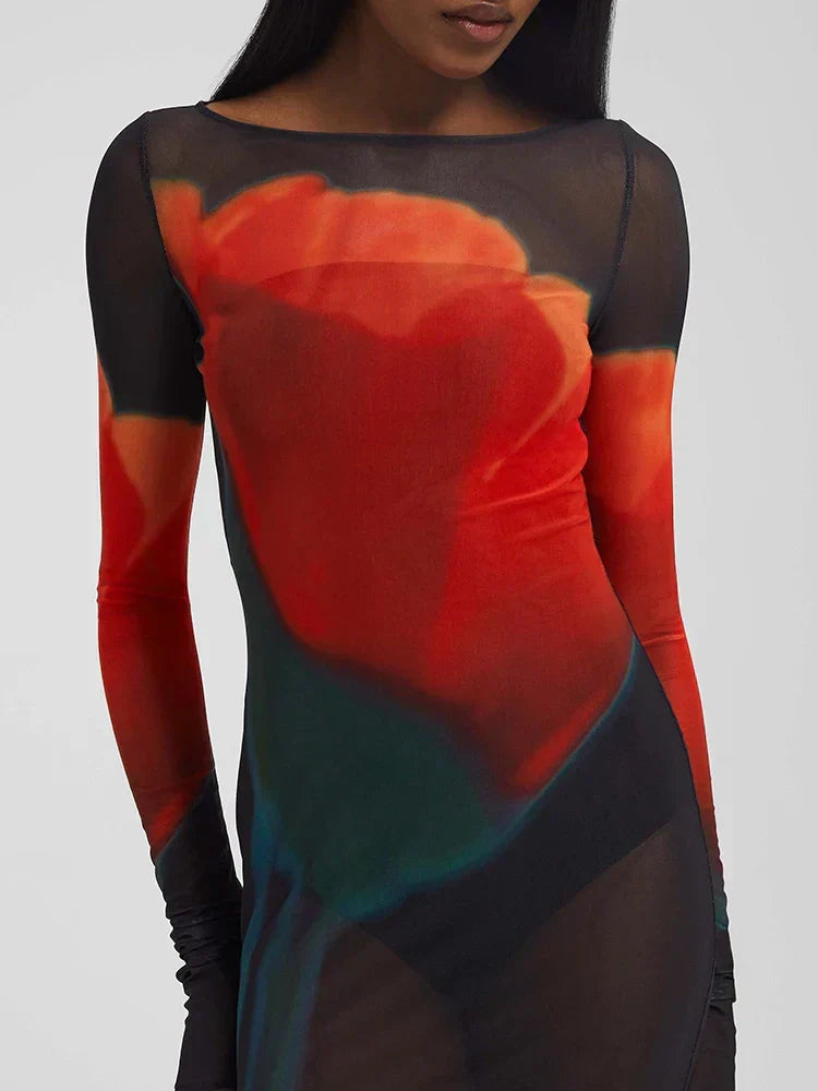 Boat Neck Thumbhole Sleeve Sheer Mesh Abstract Print Mermaid Maxi Gown