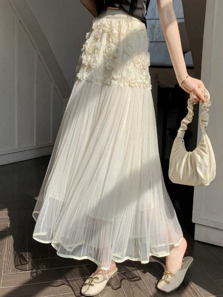 Midi Long Skirt Women Mesh Skirt 2024 Goth Sweet Spring Summer High Waisted A-Line Solid Floral Pleated Skirts rok