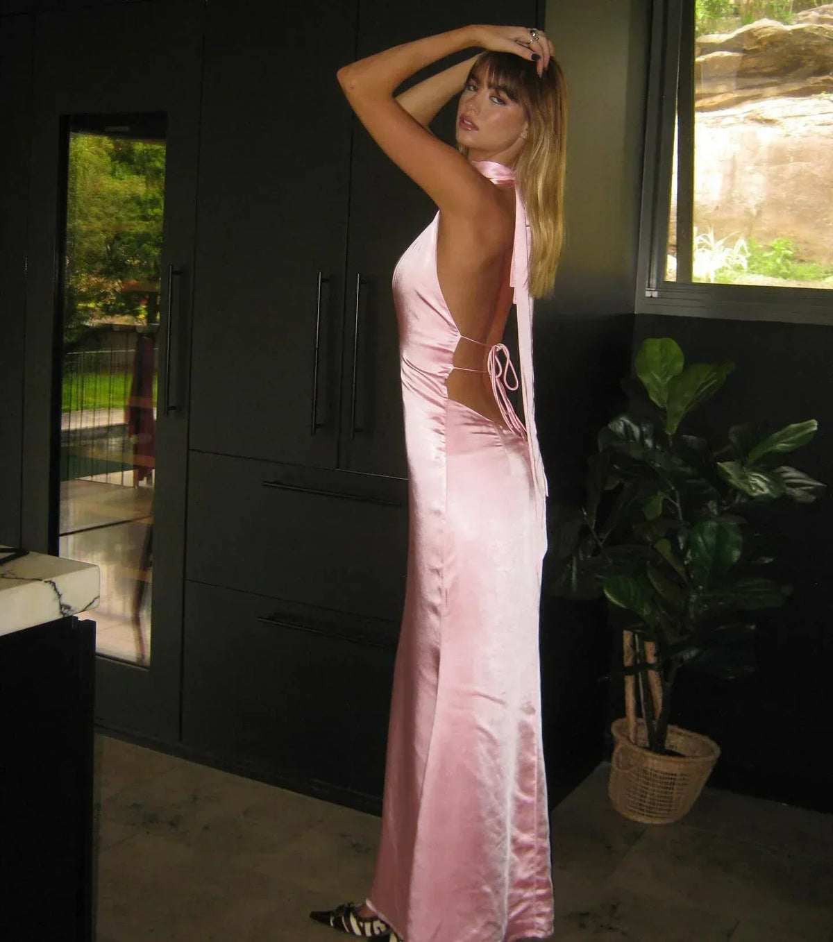 Halter Choker Deep V Neck Satin Column Maxi Gown