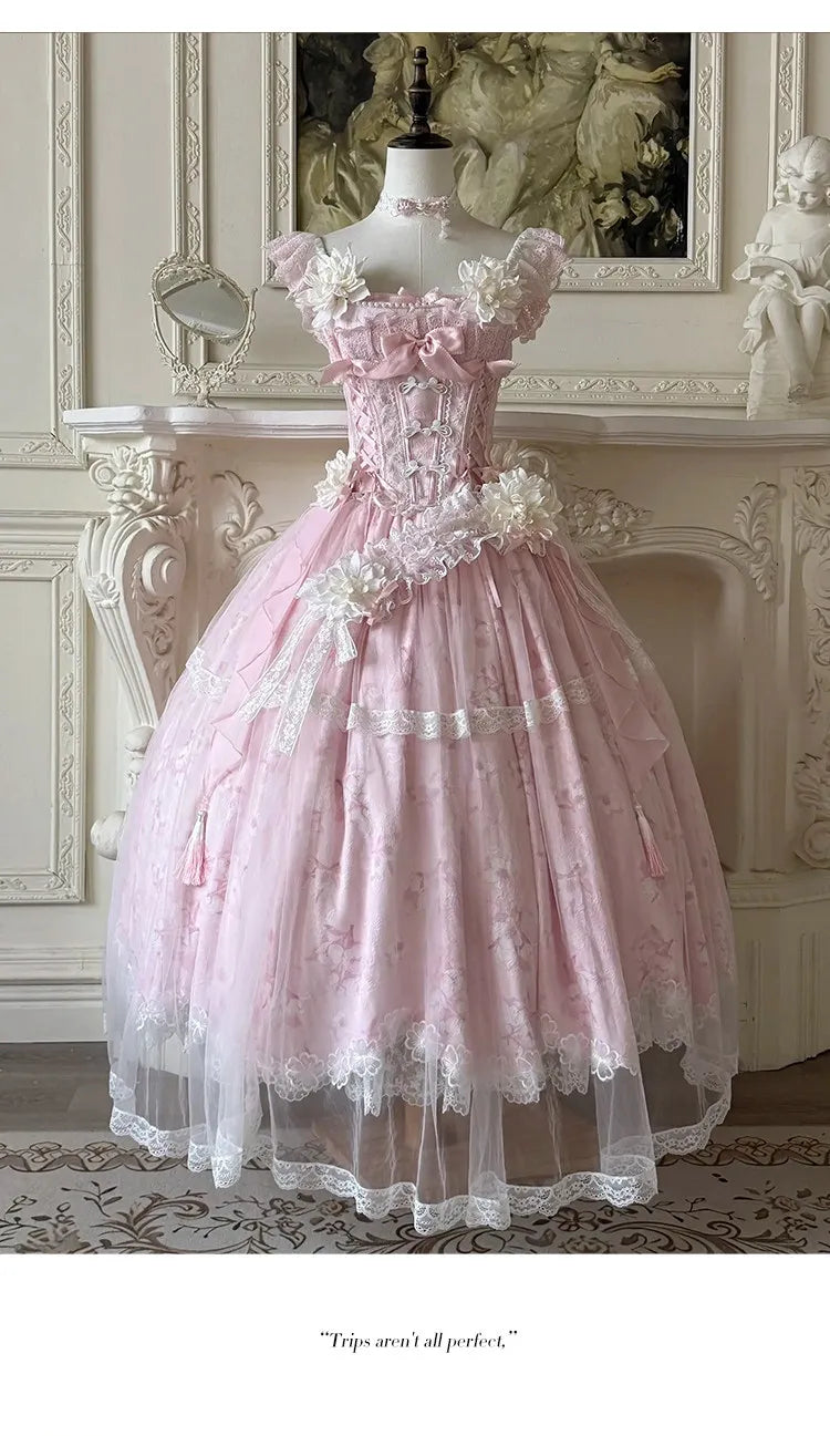 Summer New Women's Pink Green Flower Bow Slim Long Lolita Dress Coming-of-Age Birthday Banquet Princess Evening Dress