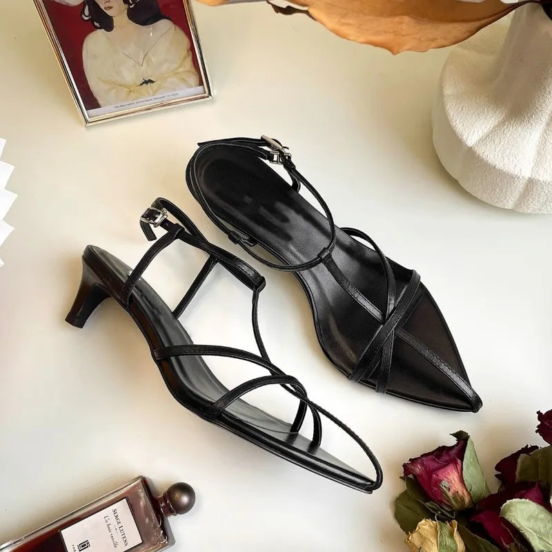 Women Fashion Sandals Thin Low Heels Pointed Open Toe Ankle Strap Dress Shoes Solid Color Summer Ladies Thin Low Heels Sandals