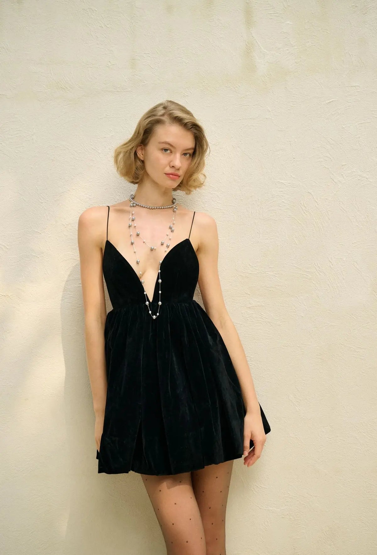 Spaghetti Strap Deep V Neck Gathered Velvet Babydoll Mini Dress