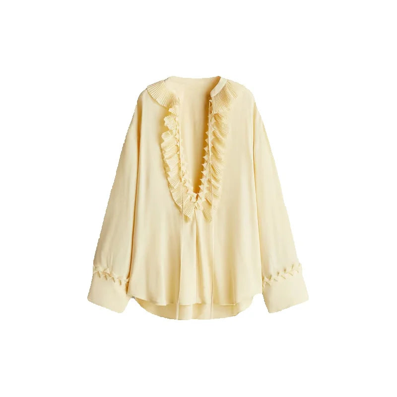 V-Neck Lace Up Waist Cinching Shirt Woman Casual Set Pleated Loose Solid Color Skirt Chic Elegant Versatile Baggy Women's Suits