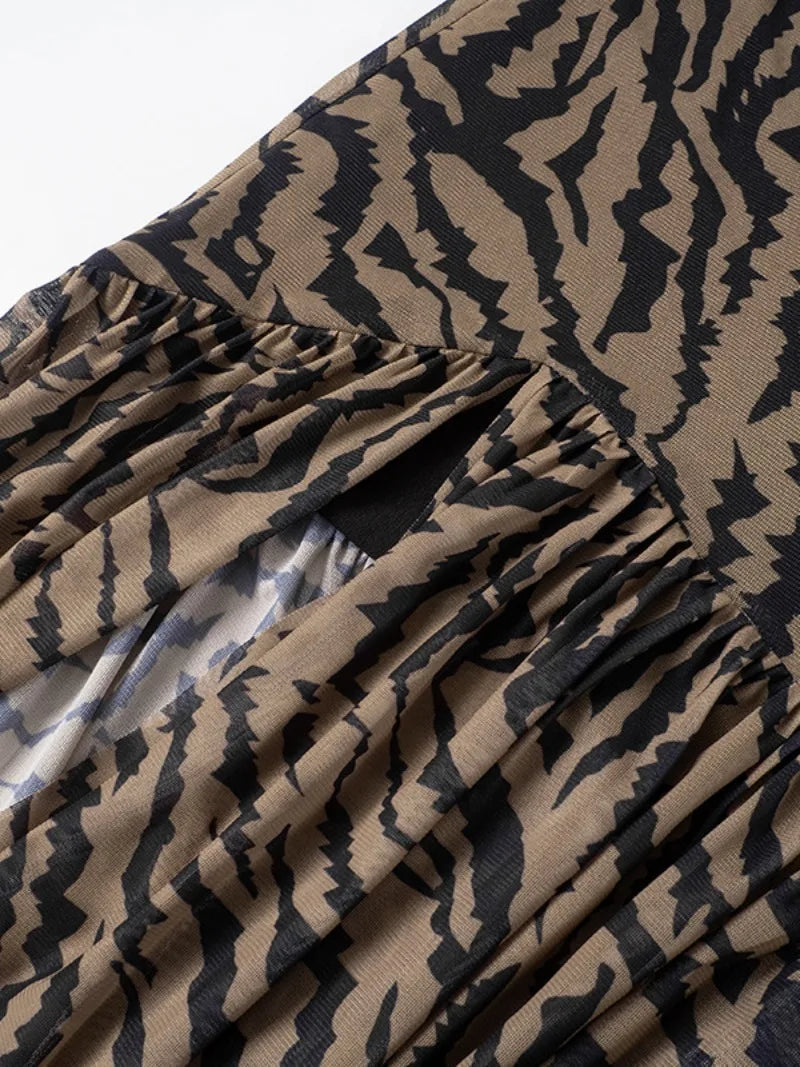 Fashion Strapless Tiger Striped Print Summer Dresses 2024 Woman Clothing Sleeveless High Slit Folds Mesh Patchwork Evening Dress