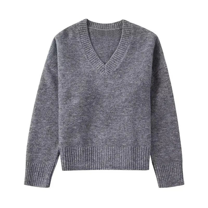 V-neck Pullover Woman Loose Short Autumn Winter Solid Zippers Women's Sweater Soft Casual Knitwear Lady All-match Long Sleeve