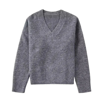 V-neck Pullover Woman Loose Short Autumn Winter Solid Zippers Women's Sweater Soft Casual Knitwear Lady All-match Long Sleeve