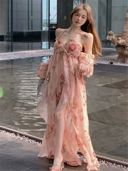 Summer Fashion High Split Irregular Long Holiday Chiffon Dress Women Backless Halter Off Shoulder Floral Print Beach Fairy Dress