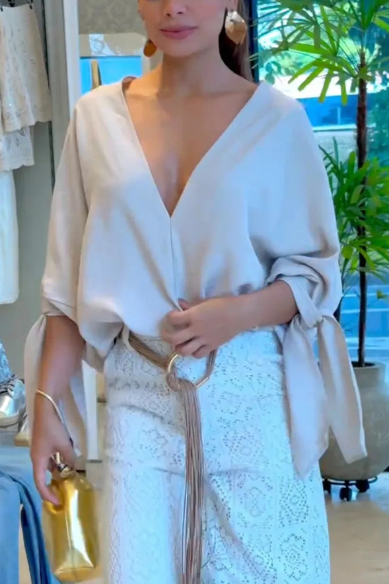 Elegant Women Pants Set Chic Loose Long Batwing Sleeve Shirt Top Wide Leg Pants Two Piece Trousers Set Lace Hollow Out Outfits