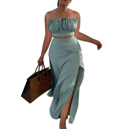 Fashion Summer Women Two Piece Skirt Set Elegant Strapless Crop Top Long Split Skirts 2 Pieces Set Streetwear Luxury Clothings