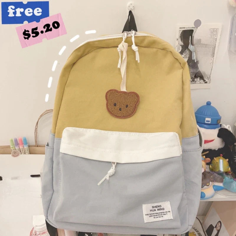 Women Korean Harajuku Students Backpack Simple Contrast Color Patchwork Casual Backpacks Kawaii All Match Girls Y2k Schoolbags