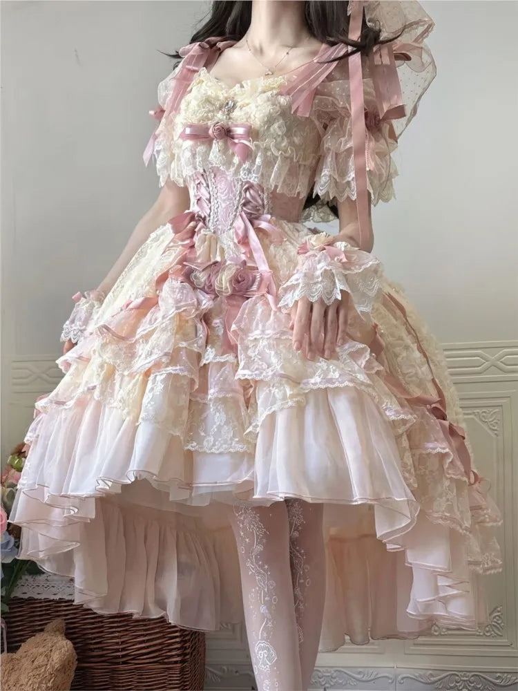 A wedding dress with shorter front and longer back for student's birthday coming-of-age ceremony