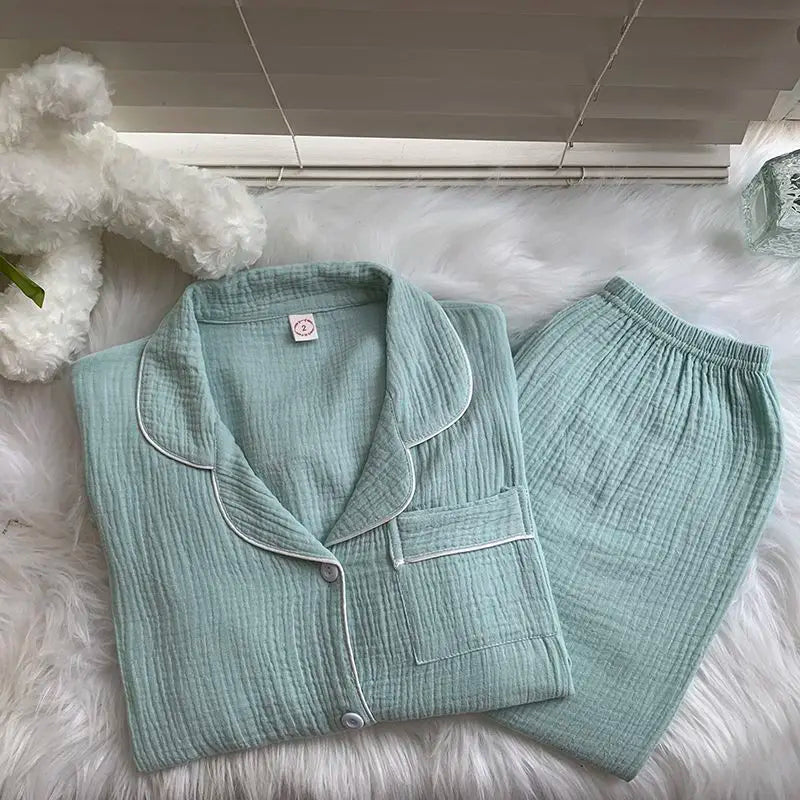 Cotton Comfort Sleepwear Casual Women Pajamas Spring Summer Cherry Print Cute Lapel Button Shirts And Pant Two Piece Sets